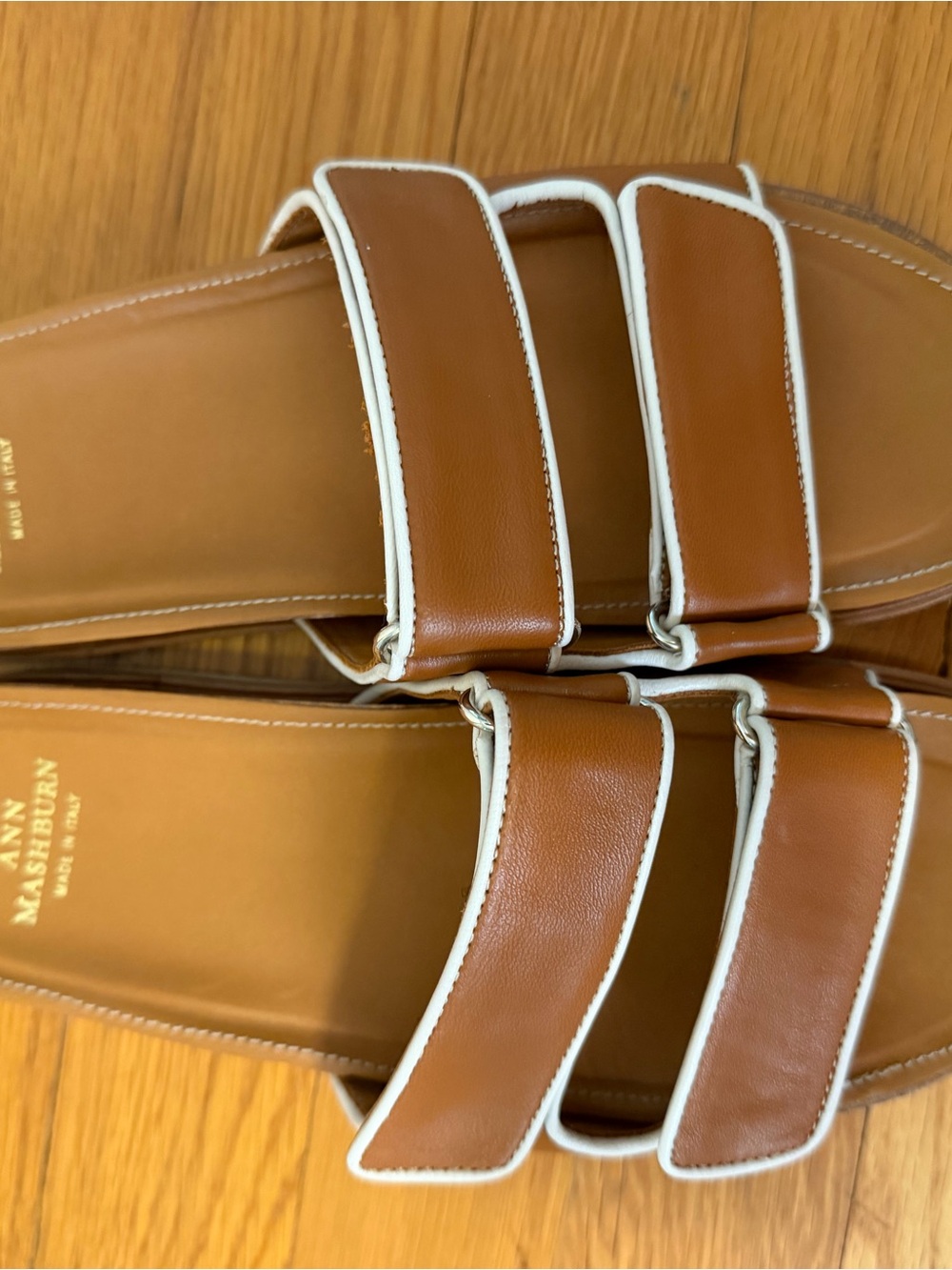 ANN MASHBURN Tan Leather Double‑Strap Slides with White Trim